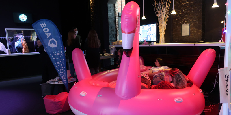 AOE's stand: they had a huge pink flamingo!