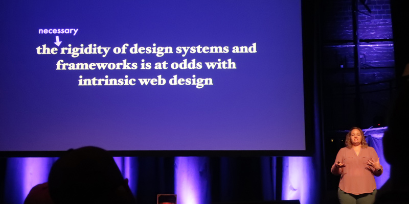 "The necessary rigidity of design systems and frameworks is at odds with intrinsic web design"